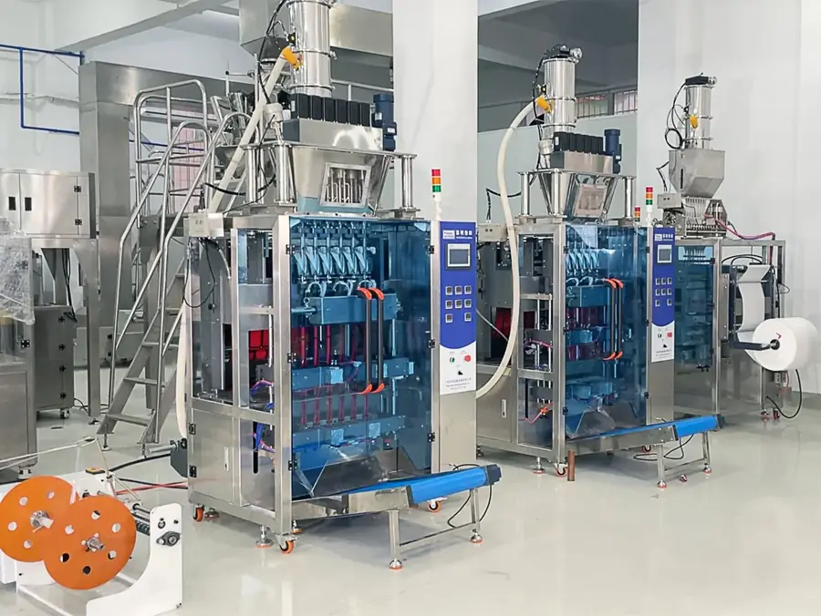 Packaging machinery line in a clean industrial factory