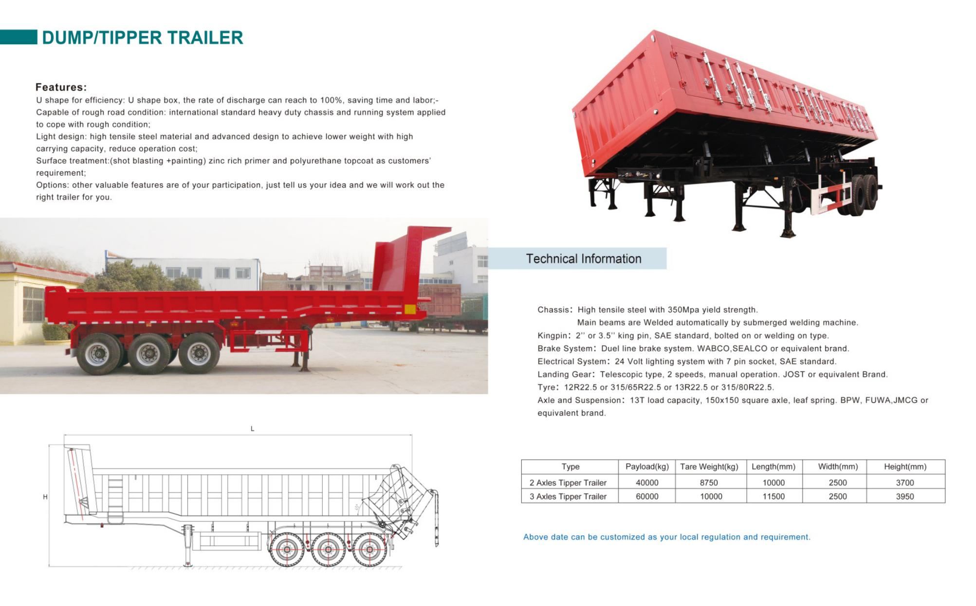 Dump trailer with U-shaped body for construction materials